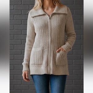 Athleta Crochet Knit Zip Up Beige Sweater Medium